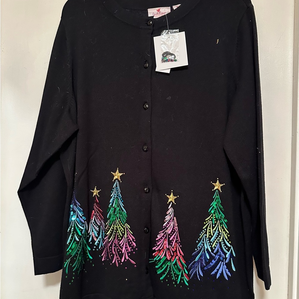 Quacker Factory Christmas Black Cardigan with Colorful Sequin Trees